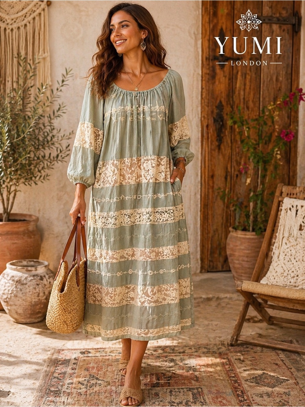 Yumi London,Cottagecore Prairie Lace Panel Boho Midi Dress Sage Cream, Size M